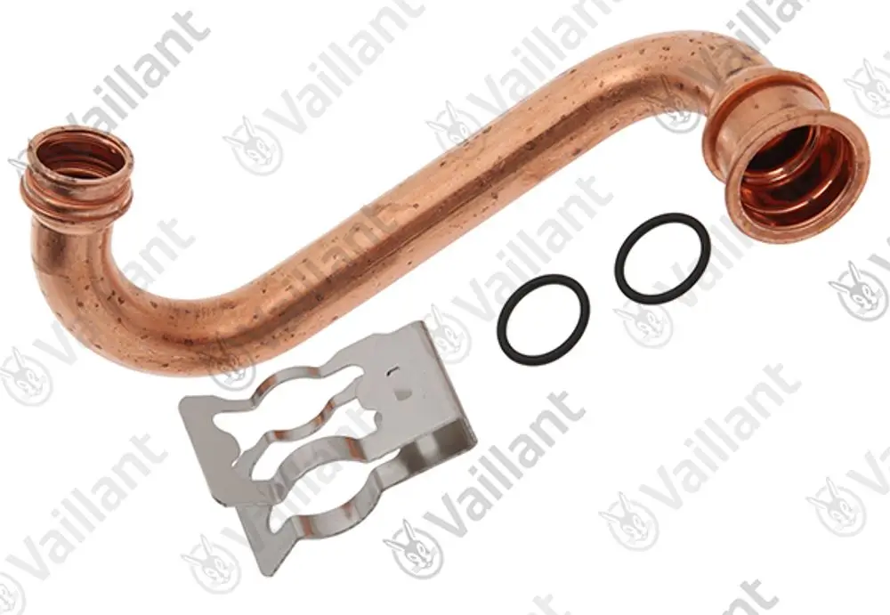Kupferrohr von Vaillant mit zwei anschraubbaren Enden, O-Ringen und einer Halterung. Das Produkt ist für die Installation in Heizsystemen konzipiert.